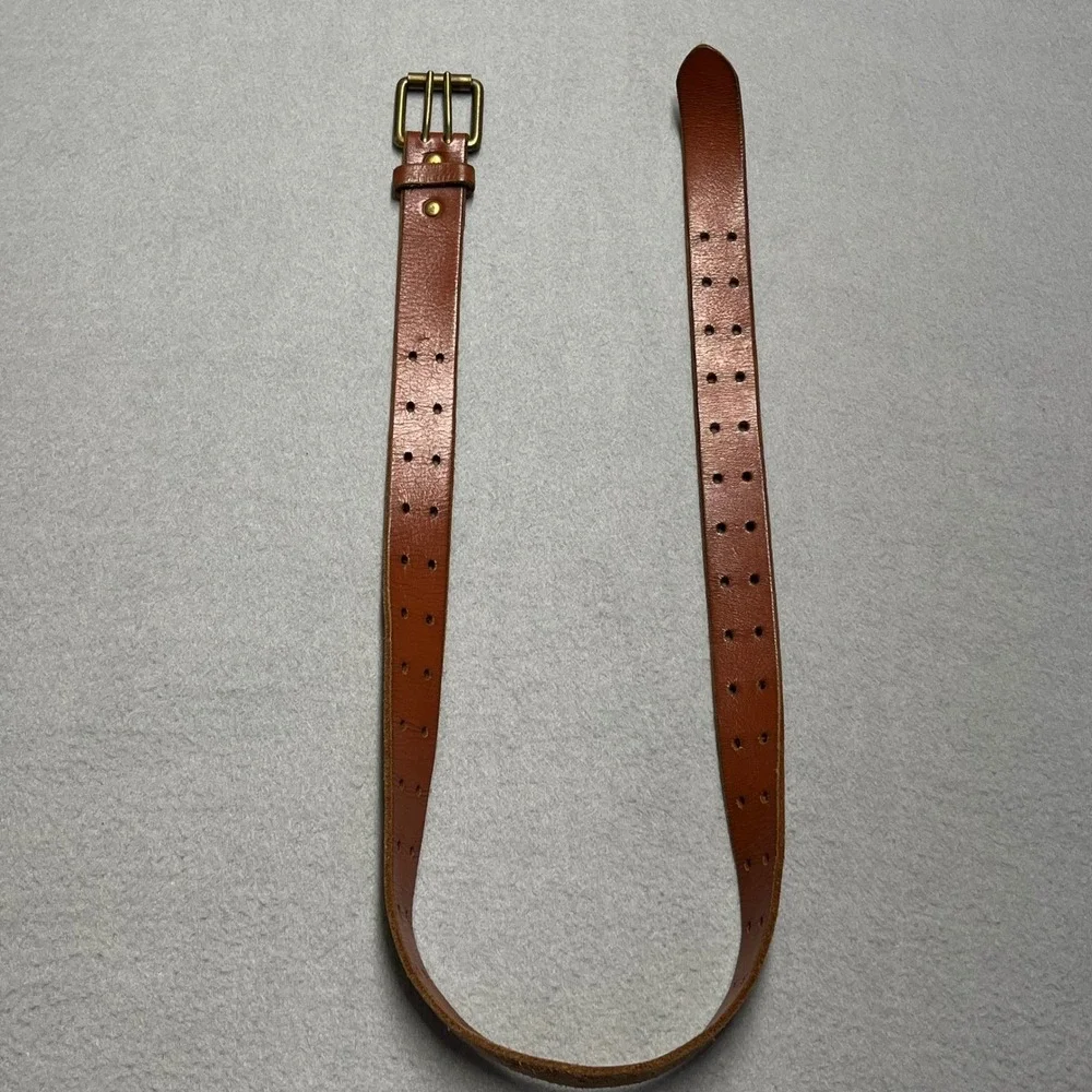 VTG Gap Cognac Brown Leather Double Prong‎ Belt Brass Buckle Mens Womens Size S